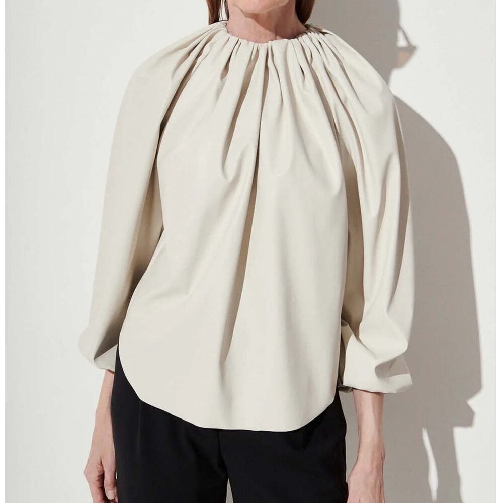 Rachel Comey Boyd Top in Bone Vegan Leatherette Balloon Sleeve Voluminous Blouse